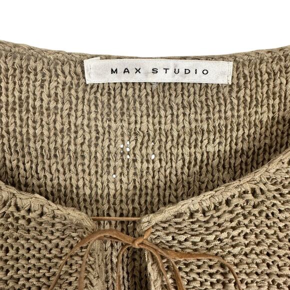 Vintage 90’s Max Studio Boho Tan Knit Long Sleeve Fringe Hem Long Sleeve Top M/L - Picture 5 of 16